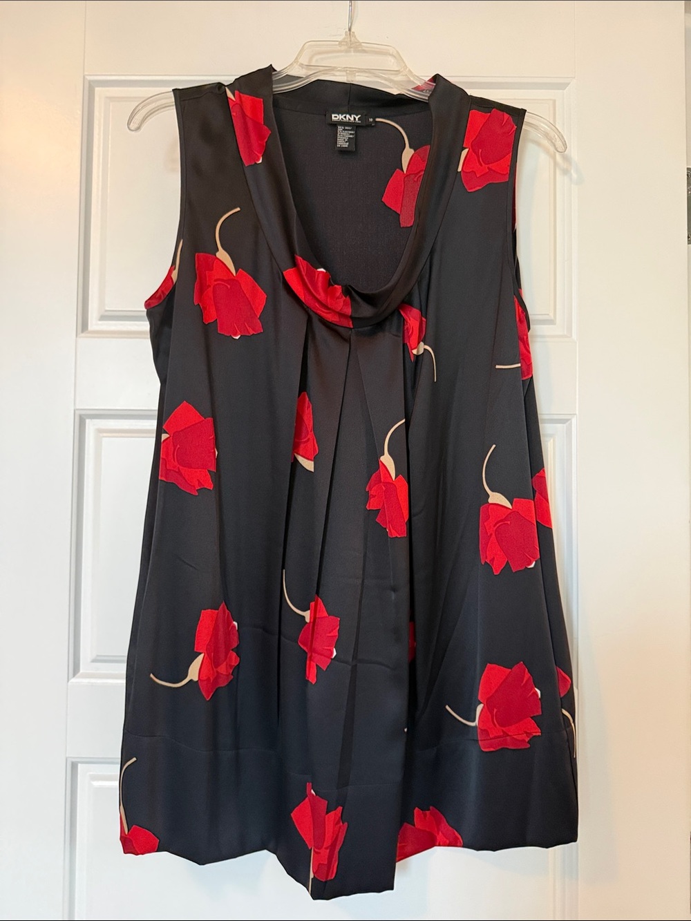 DKNY Black Sleeveless Dress with Red Floral Motif